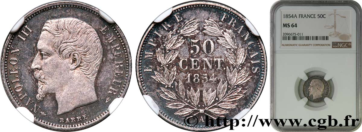 50 centimes Napoléon III, tête nue 1854 Paris F.187/2 MS64 NGC