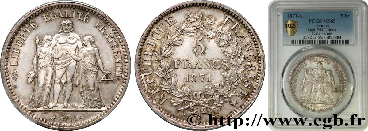 5 francs Hercule, dite “Camélinat” 1871 Paris F.334/3 ST65 PCGS