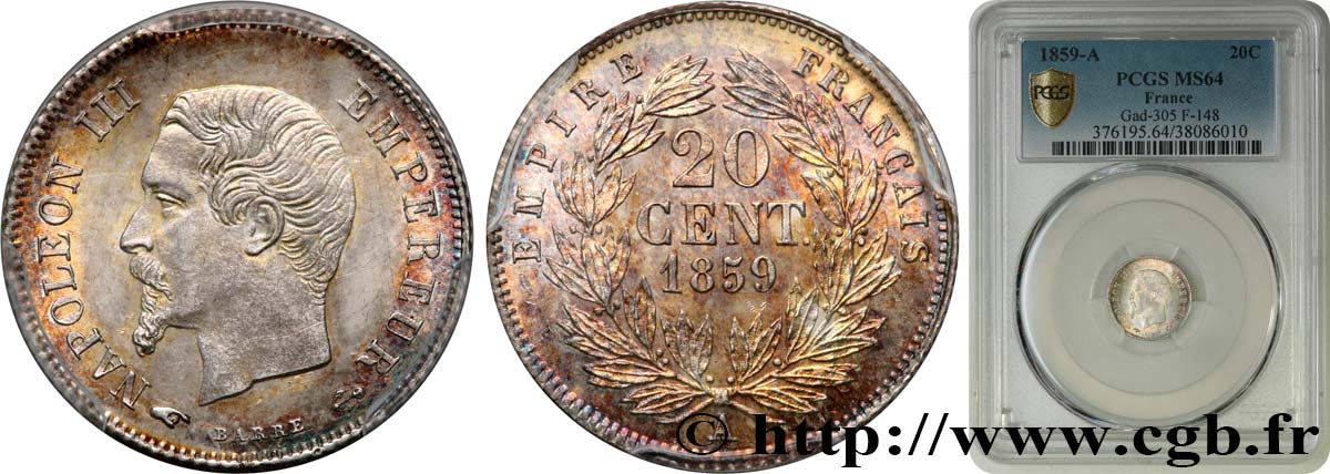 20 centimes Napoléon III, tête nue 1859 Paris F.148/12 fST64 PCGS