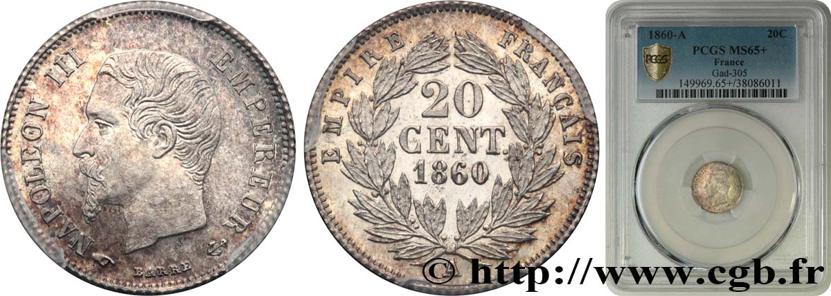 20 centimes Napoléon III, tête nue 1860 Paris F.148/14 MS65 PCGS