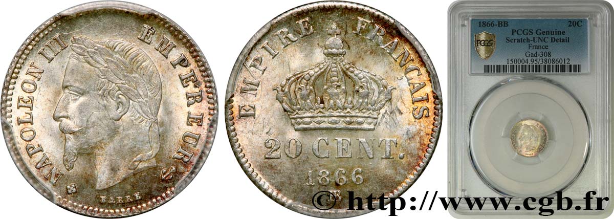 20 centimes Napoléon III, tête laurée, petit module 1866 Strasbourg F.149/5 MS PCGS
