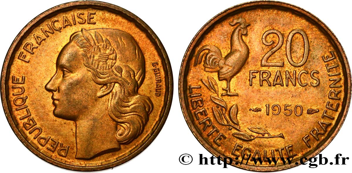 20 francs G. Guiraud, 4 faucilles 1950  F.402/3 VZ60 