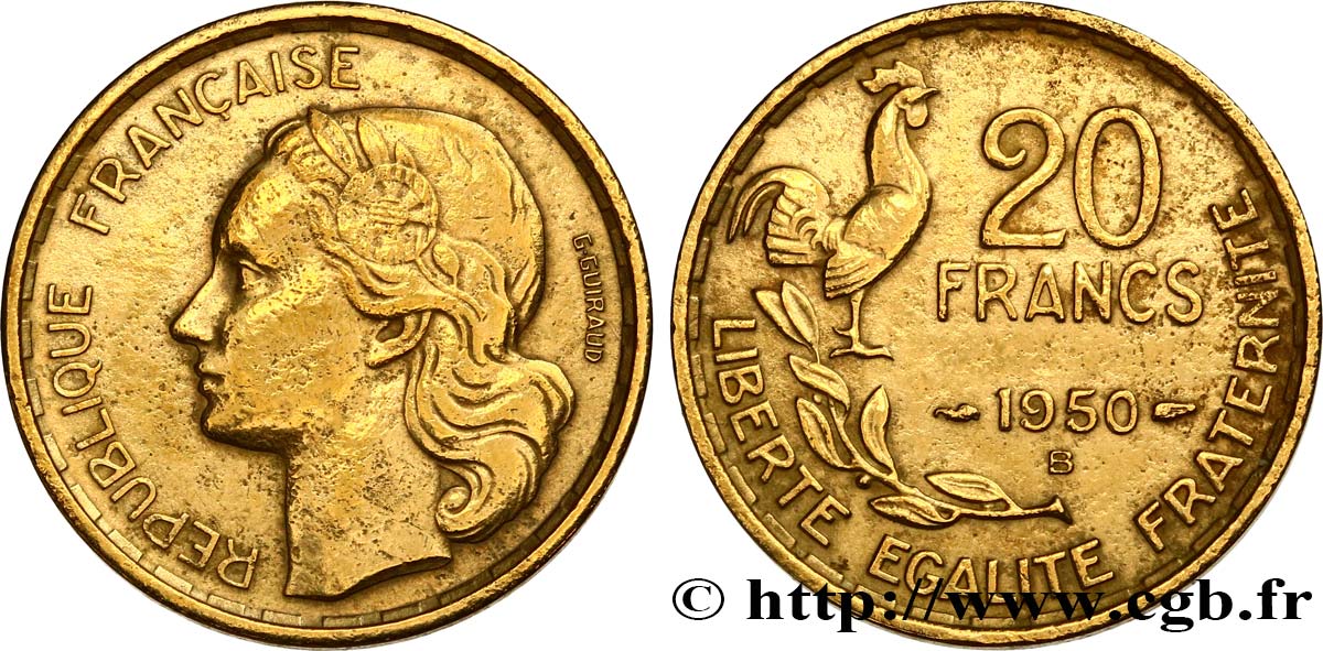 20 francs G. Guiraud, 3 faucilles 1950 Beaumont-Le-Roger F.402/5 VF 