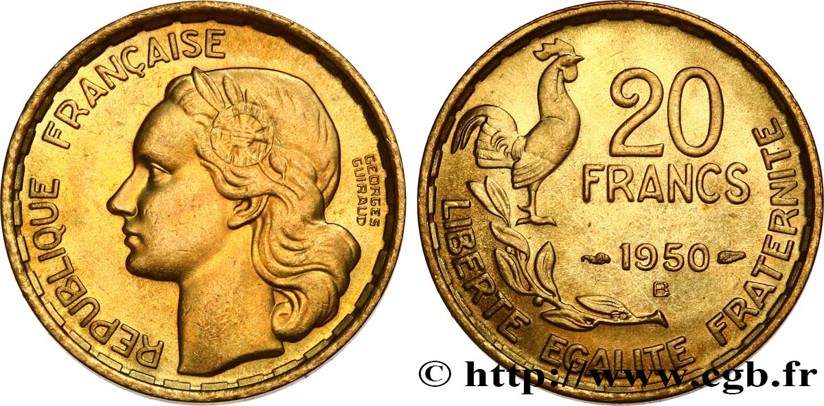 20 francs Georges Guiraud, 3 faucilles 1950 Beaumont-Le-Roger F.401/2 EBC58 
