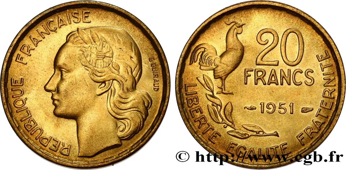 20 francs G. Guiraud 1951  F.402/7 MS63 