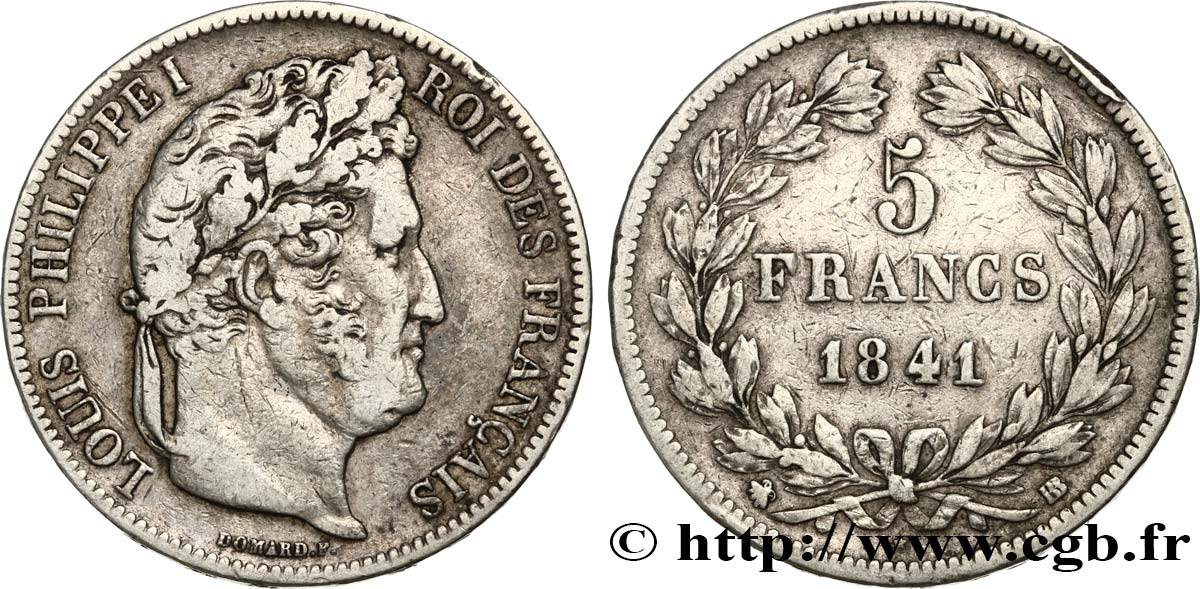 5 francs, IIe type Domard 1841 Strasbourg F.324/92 VF35 