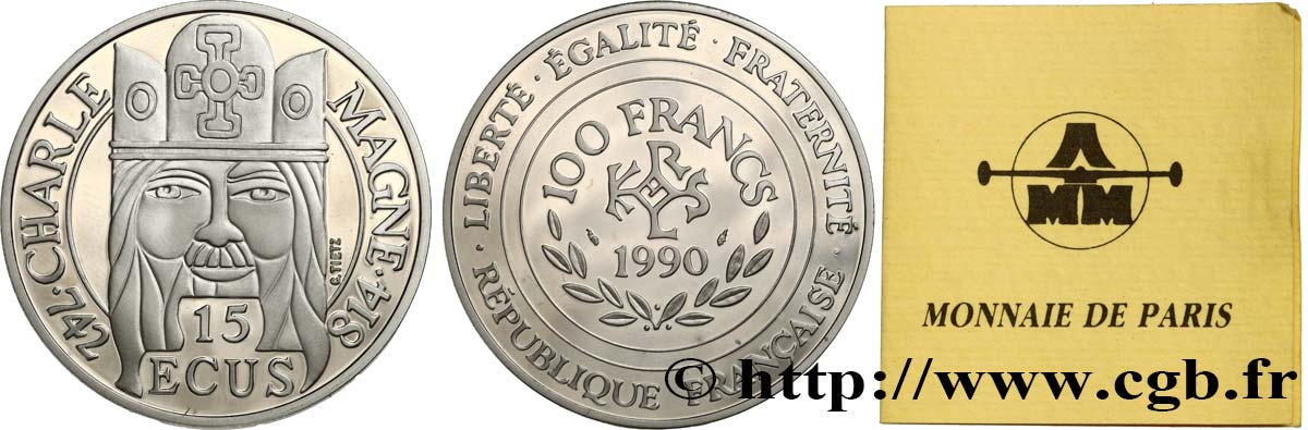 Belle Epreuve 15 écus / 100 francs Charlemagne 1990 Paris F.2000 1 SPL 