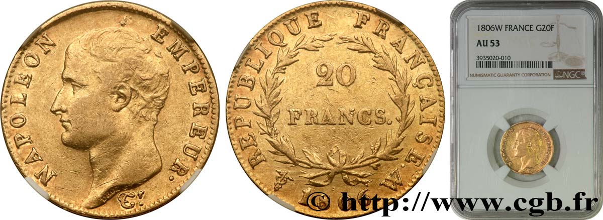 20 francs or Napoléon tête nue, Calendrier grégorien 1806 Lille F.513/5 SS53 NGC