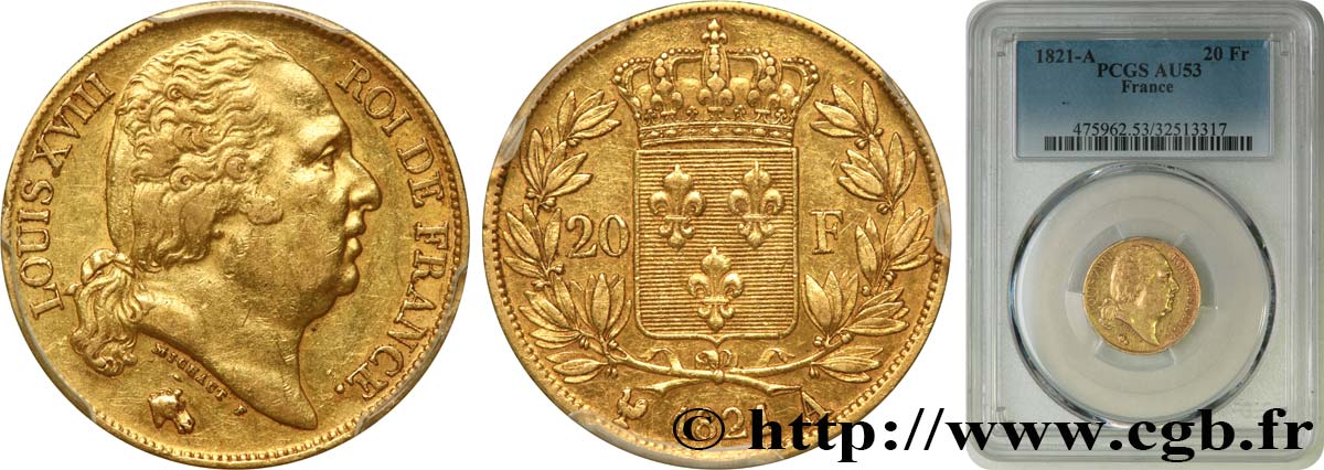 20 francs or Louis XVIII, tête nue 1821 Paris F.519/24 MBC53 PCGS