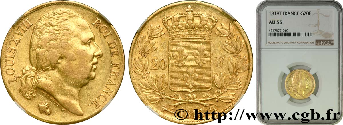 20 francs or Louis XVIII, tête nue 1818 Nantes F.519/13 AU55 NGC