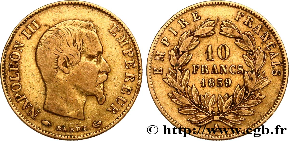 10 francs or Napoléon III, tête nue 1859 Paris F.506/7 TB30 