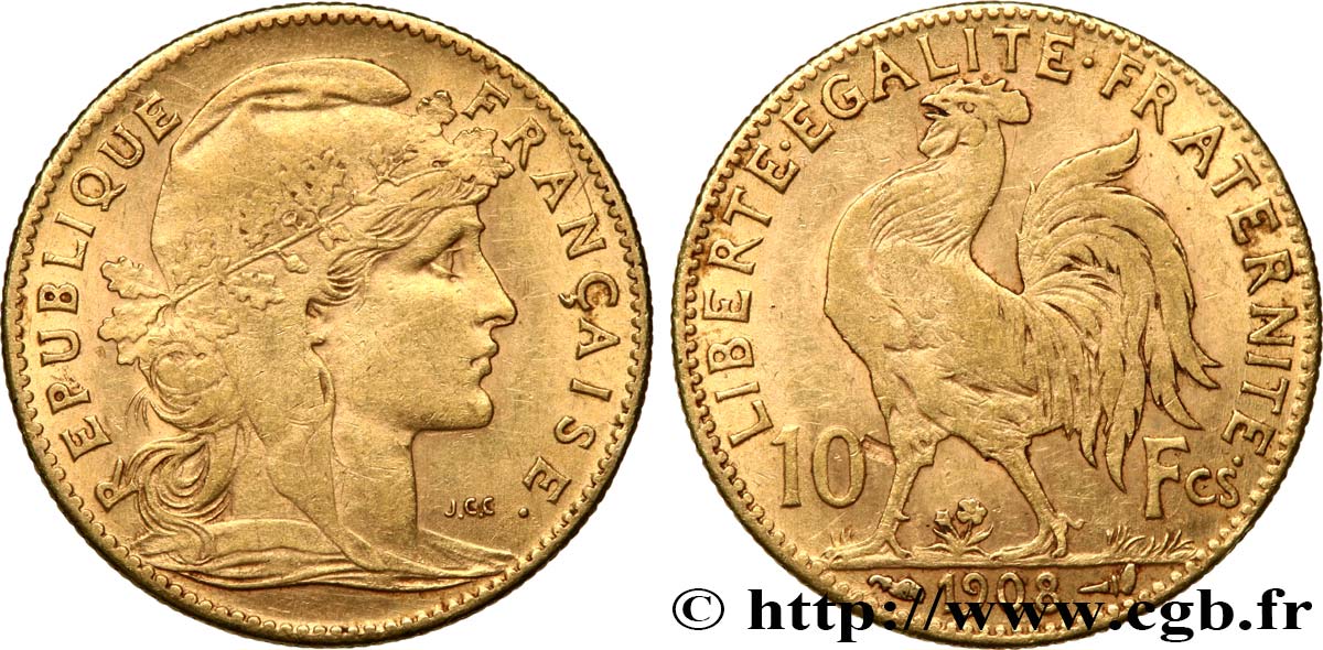10 francs or Coq 1908 Paris F.509/9 MBC45 