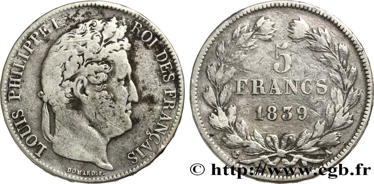 5 francs, IIe type Domard 1839 Paris F.324/75 VF 