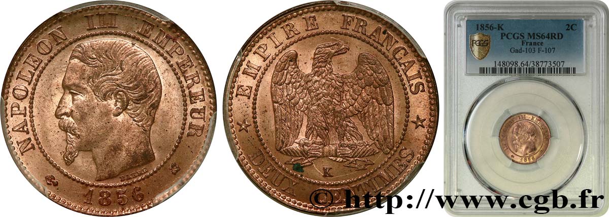 Deux centimes Napoléon III, tête nue 1856 Bordeaux F.107/41 fST64 PCGS