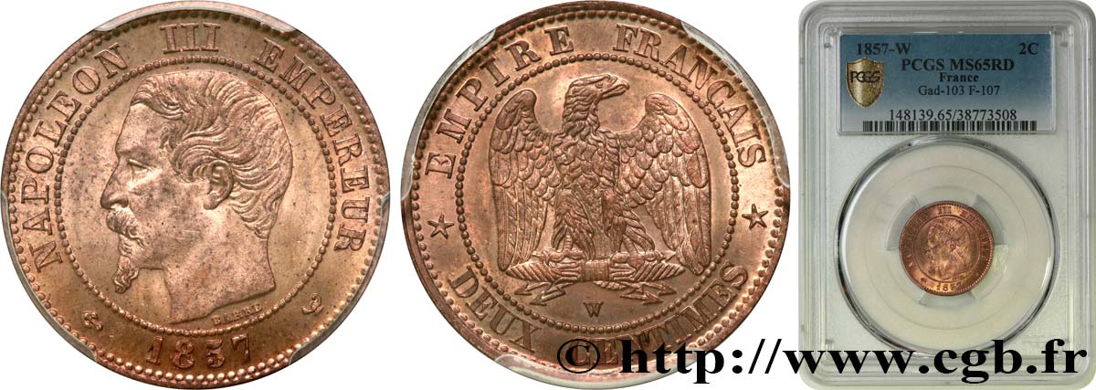 Deux centimes Napoléon III, tête nue 1857 Lille F.107/51 MS65 PCGS