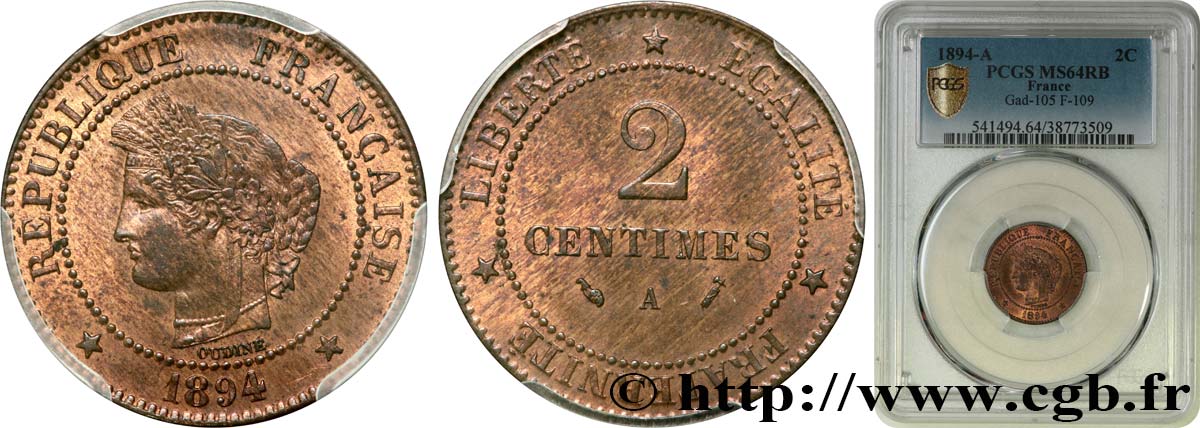 2 centimes Cérès 1894 Paris F.109/20 fST64 PCGS