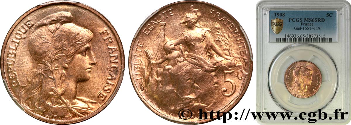 5 centimes Daniel-Dupuis 1908  F.119/19 ST65 PCGS