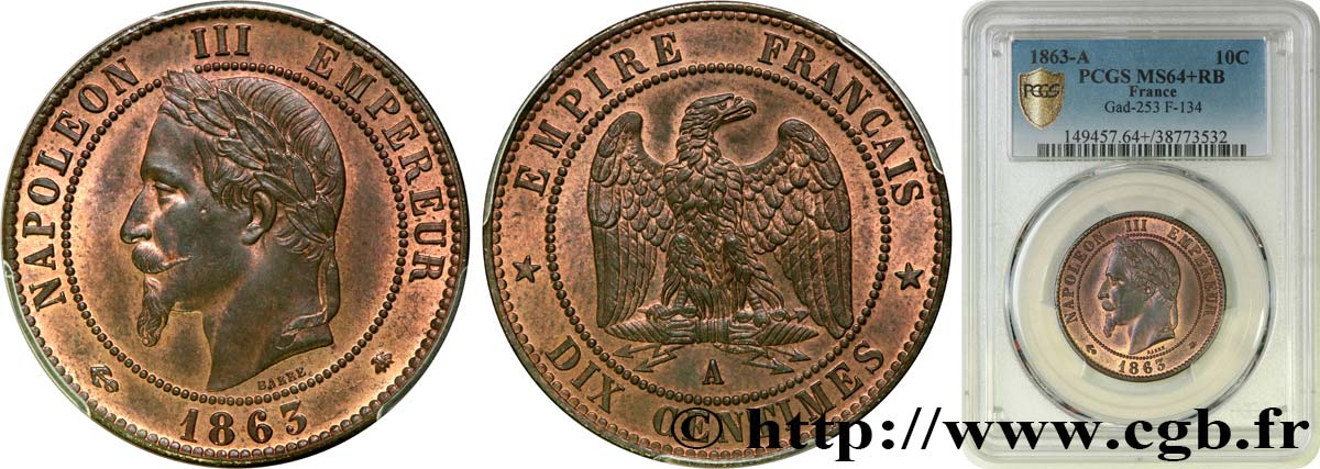 Dix centimes Napoléon III, tête laurée 1863 Paris F.134/10 SC64 PCGS