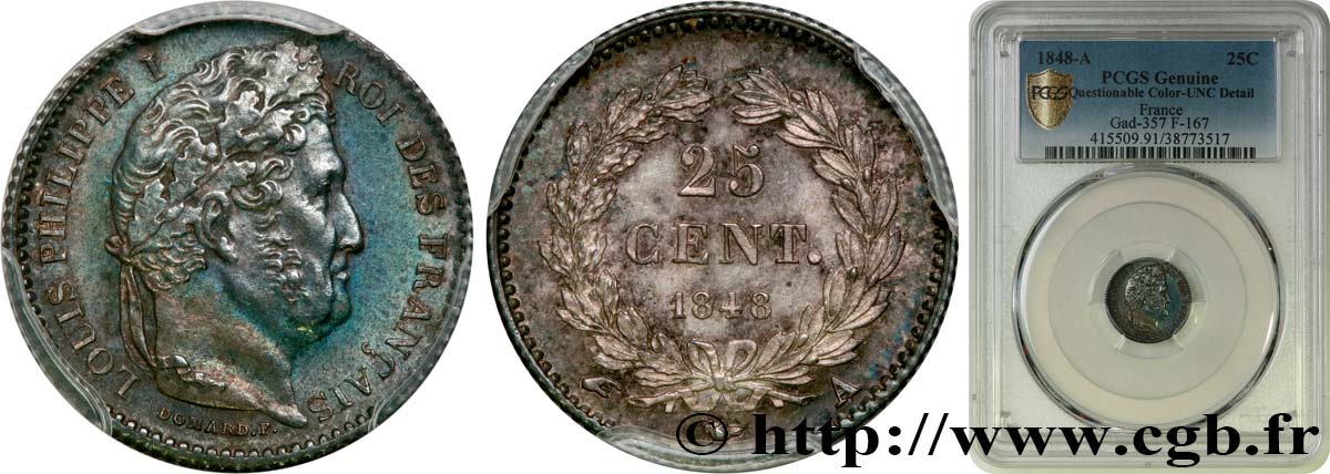 25 centimes Louis-Philippe 1848 Paris F.167/12 SC PCGS