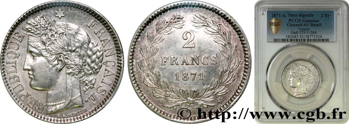 2 francs Cérès, sans légende 1871 Bordeaux F.264/4 AU PCGS