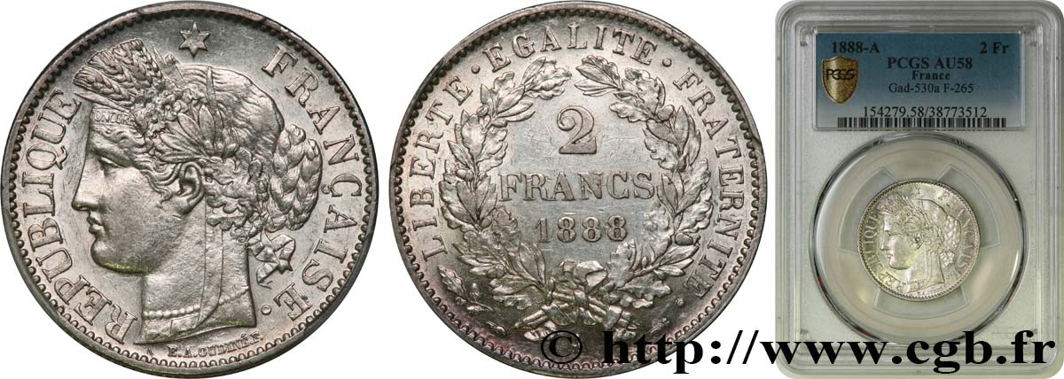 2 francs Cérès, avec légende 1888 Paris F.265/14 SPL58 PCGS
