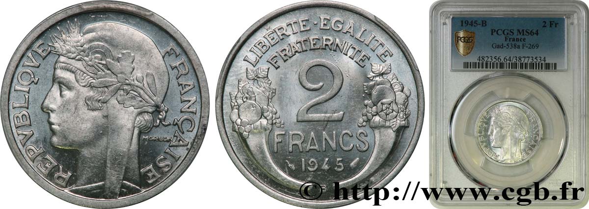 2 francs Morlon, aluminium 1945 Beaumont-Le-Roger F.269/6 SC64 PCGS