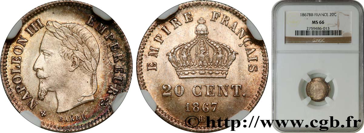 20 centimes Napoléon III, tête laurée, grand module 1867 Strasbourg F.150/2 FDC66 NGC