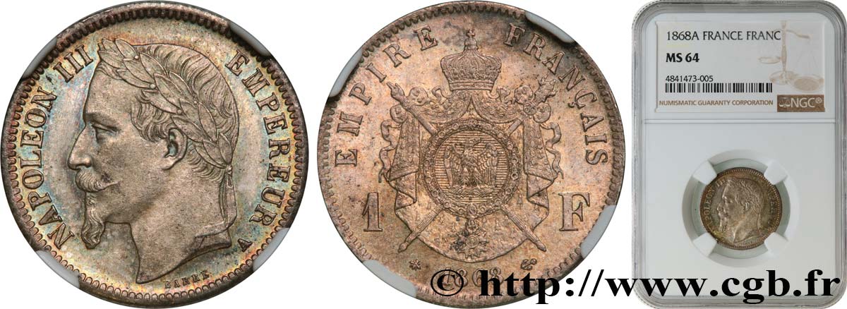 1 franc Napoléon III, tête laurée 1868 Paris F.215/10 fST64 NGC