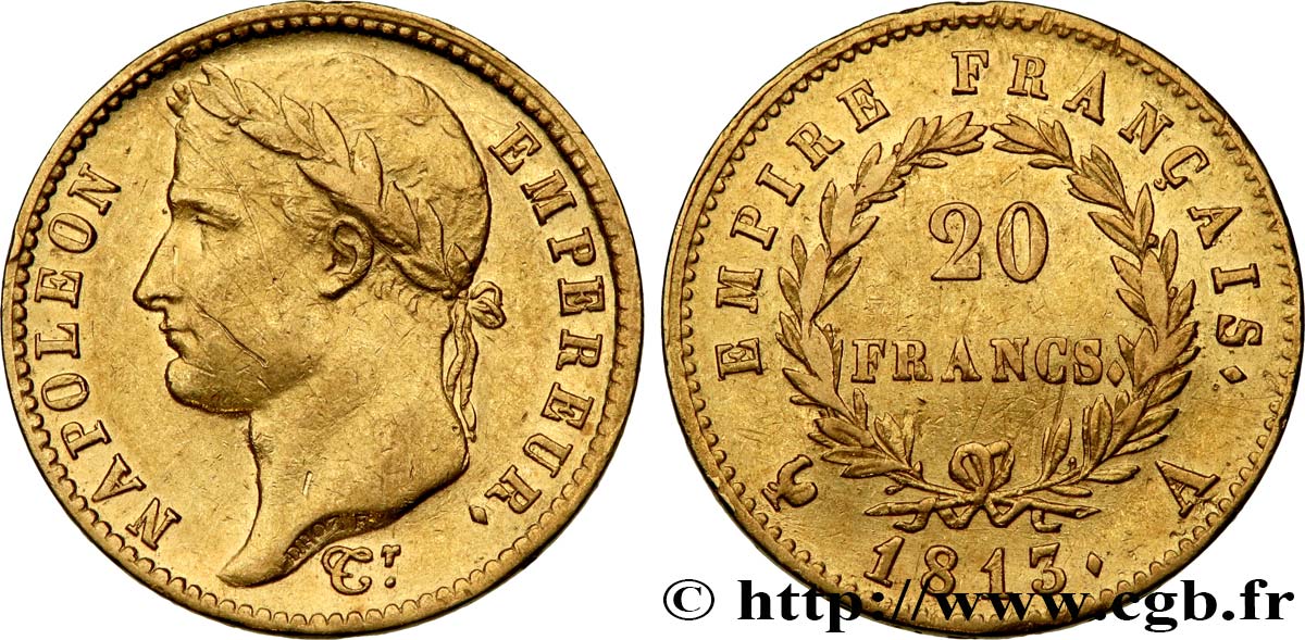 20 francs or Napoléon tête laurée, Empire français 1813 Paris F.516/30 VF 