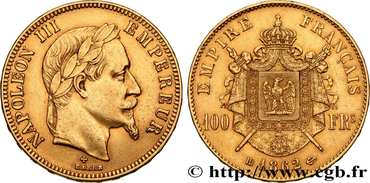 100 francs or Napoléon III, tête laurée 1862 Strasbourg F.551/2 XF 