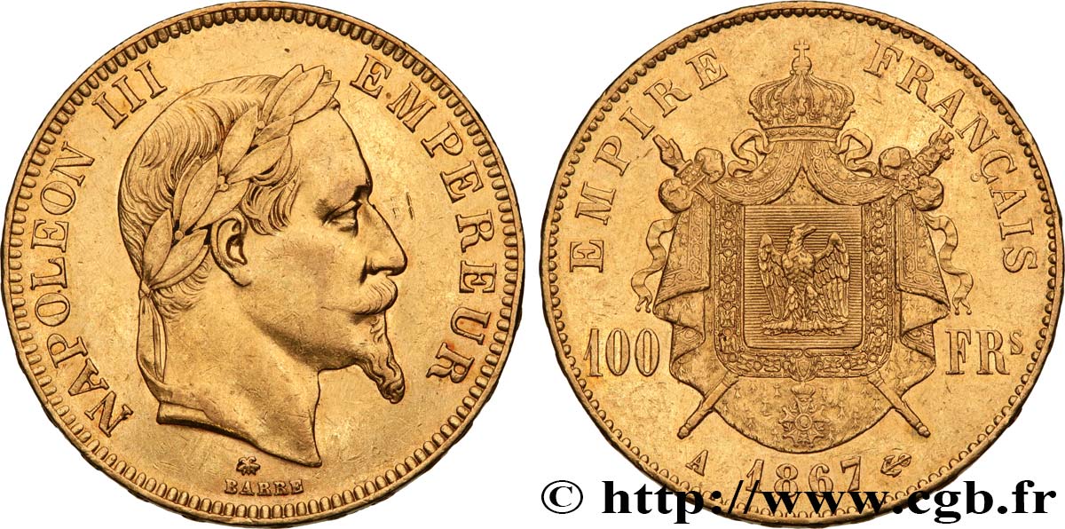 100 francs or Napoléon III, tête laurée 1867 Paris F.551/8 TTB+ 