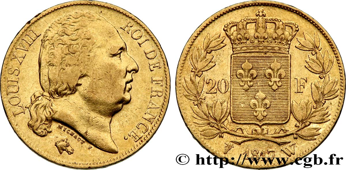 20 francs or Louis XVIII, tête nue 1817 Lille F.519/9 MB35 