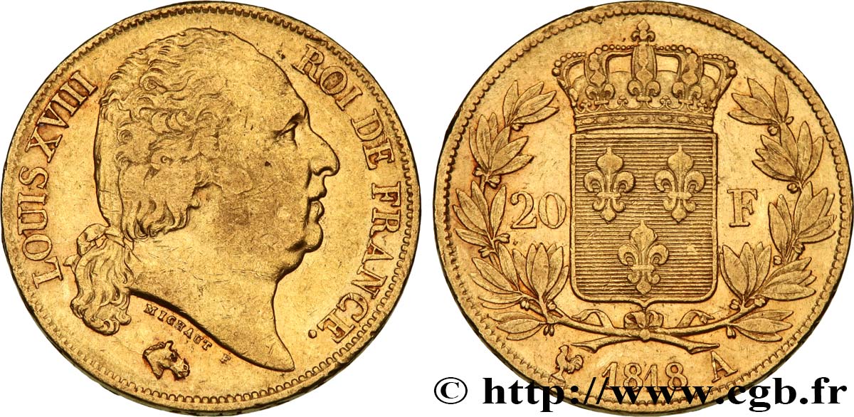 20 francs or Louis XVIII, tête nue 1818 Paris F.519/10 VF/XF 