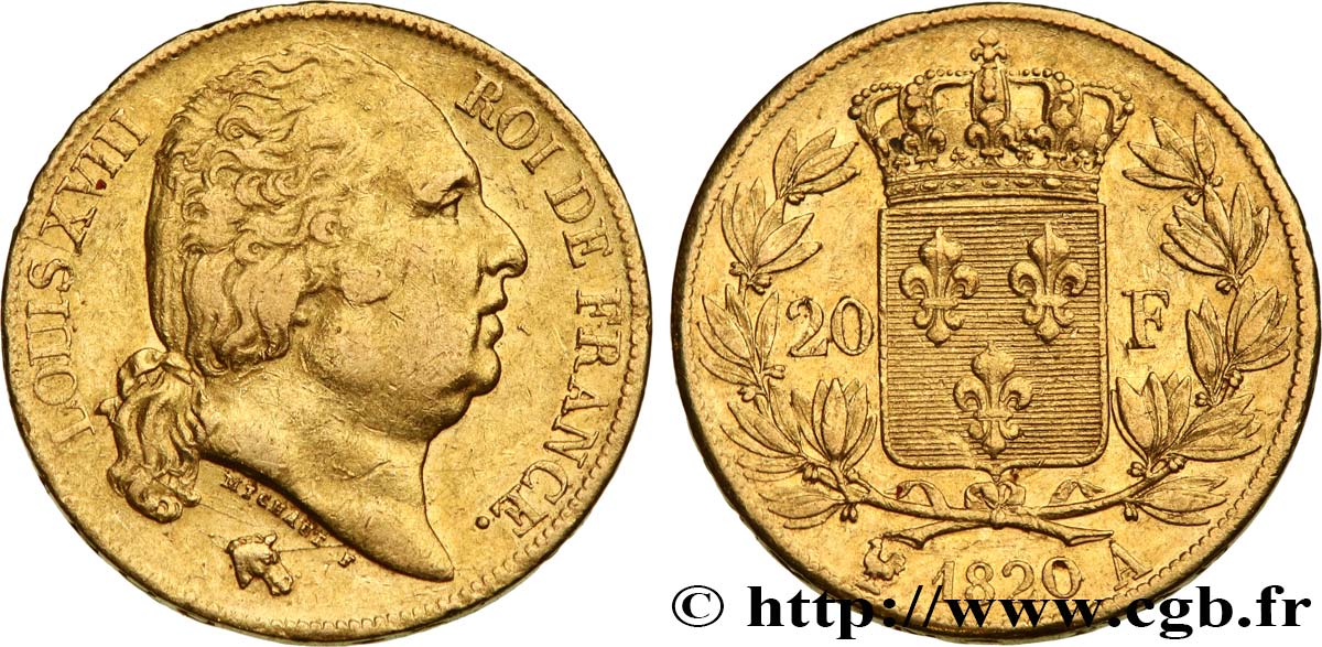 20 francs or Louis XVIII, tête nue 1820 Paris F.519/19 XF 