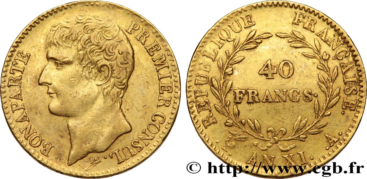 40 francs or Bonaparte Premier Consul 1803 Paris F.536/1 XF45 