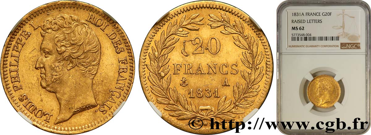 20 francs or Louis-Philippe, Tiolier, tranche inscrite en relief 1831 Paris F.525/2 SPL62 NGC