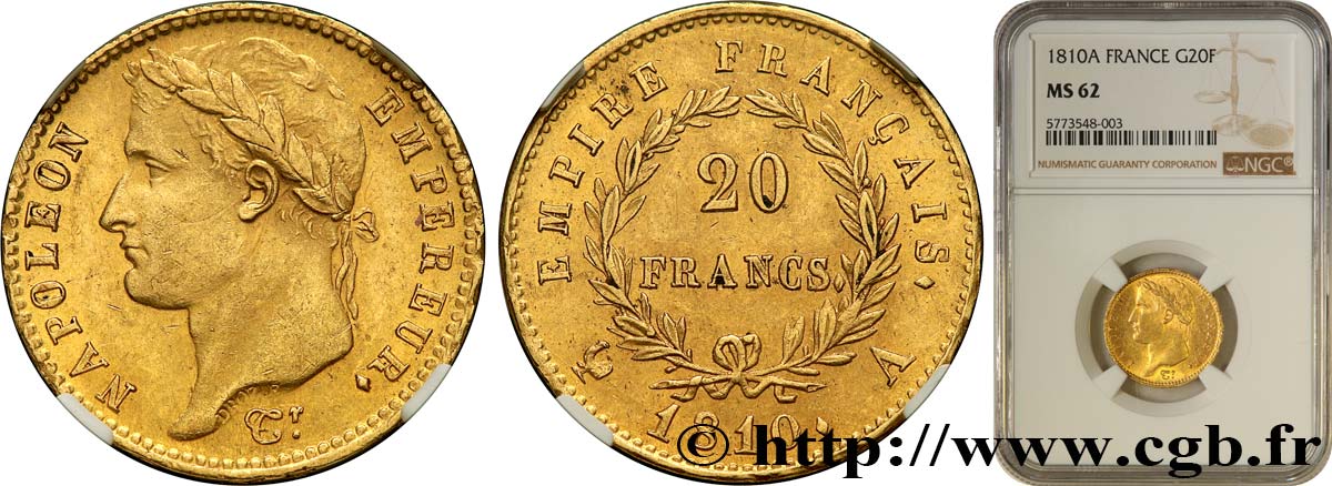 20 francs or Napoléon tête laurée, Empire français 1810 Paris F.516/9 MS62 NGC