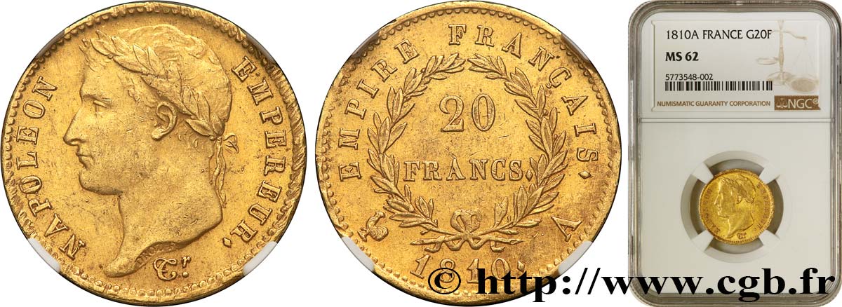 20 francs or Napoléon tête laurée, Empire français 1810 Paris F.516/8 EBC62 NGC