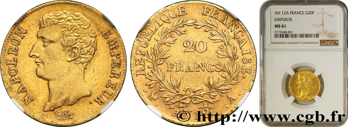 20 francs or Napoléon Empereur, buste intermédiaire 1804 Paris F.511/1 SPL61 NGC