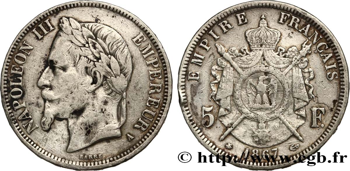 5 francs Napoléon III, tête laurée 1867 Paris F.331/10 BC 