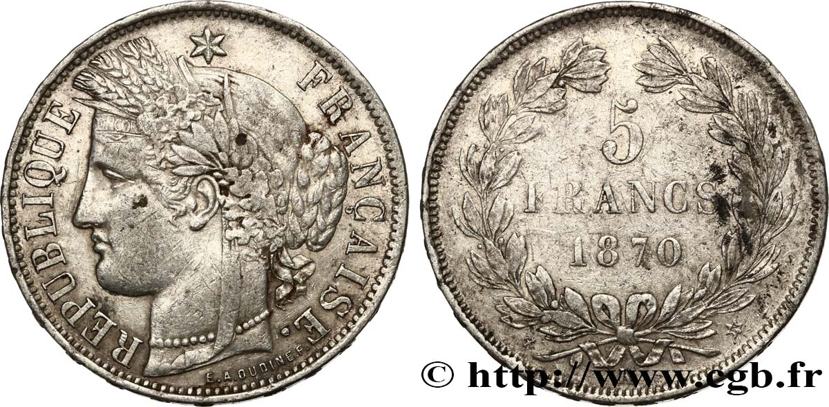 5 francs Cérès, sans légende 1870 Bordeaux F.332/3 TB+ 