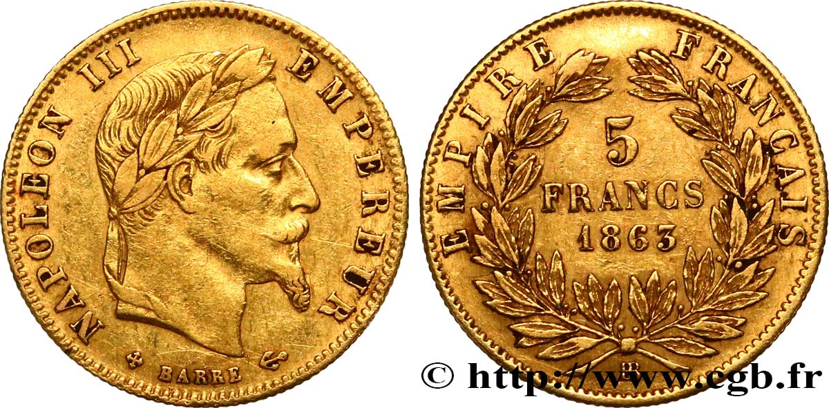 5 francs or Napoléon III, tête laurée 1863 Strasbourg F.502/4 MBC45 