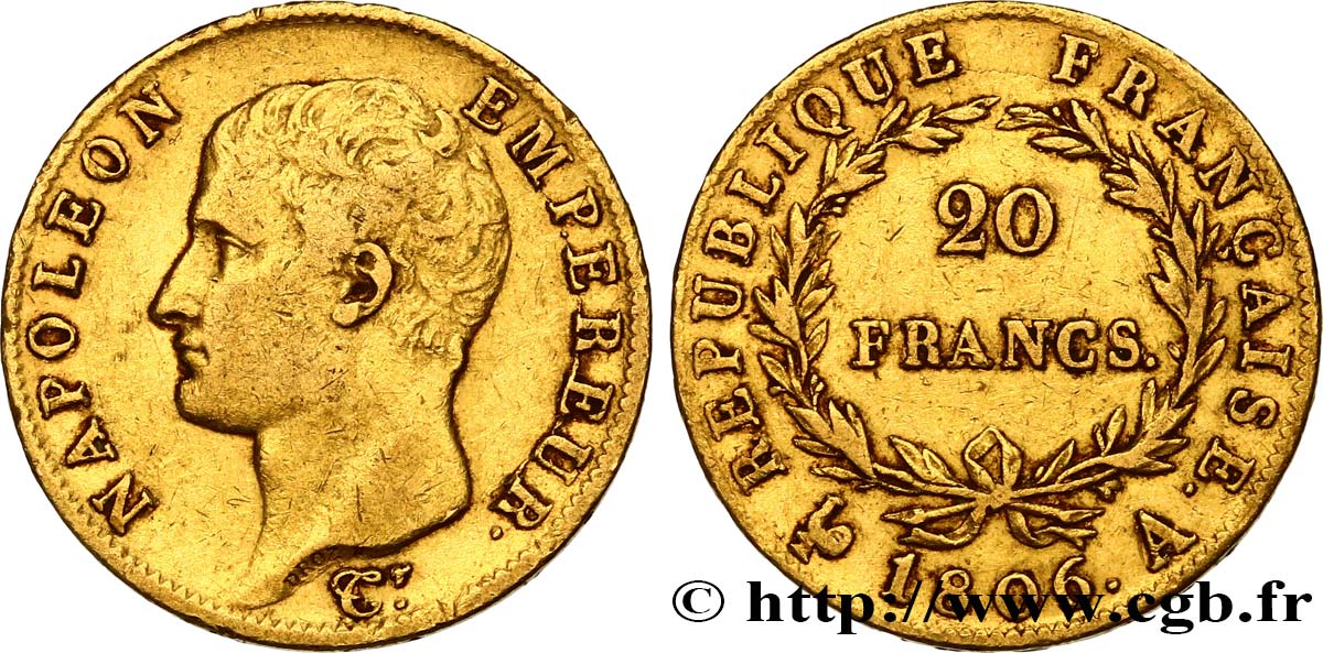 20 francs or Napoléon tête nue, Calendrier grégorien 1806 Paris F.513/1 MBC40 