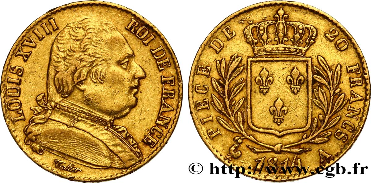 20 francs or Louis XVIII, buste habillé 1814 Paris F.517/2 MBC45 