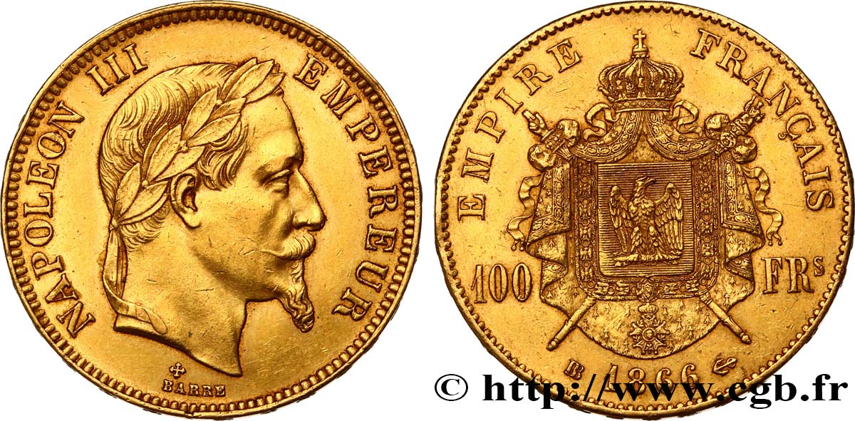 100 francs or Napoléon III, tête laurée 1866 Strasbourg F.551/7 SPL55 
