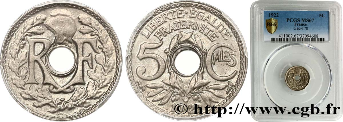 5 centimes Lindauer, petit module 1922 Paris F.122/4 ST67 PCGS