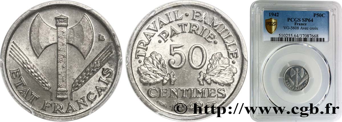 50 centimes Francisque, lourde, premiers exemplaires avec les CROIX 1942 Paris F.195/2 var. SPL64 PCGS