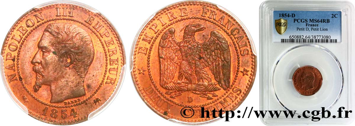 Deux centimes Napoléon III, tête nue 1854 Lyon F.107/15 fST64 PCGS