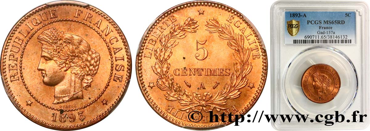 5 centimes Cérès 1893 Paris F.118/35 ST65 PCGS