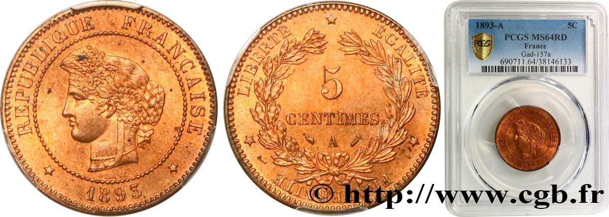 5 centimes Cérès 1893 Paris F.118/35 SPL64 PCGS